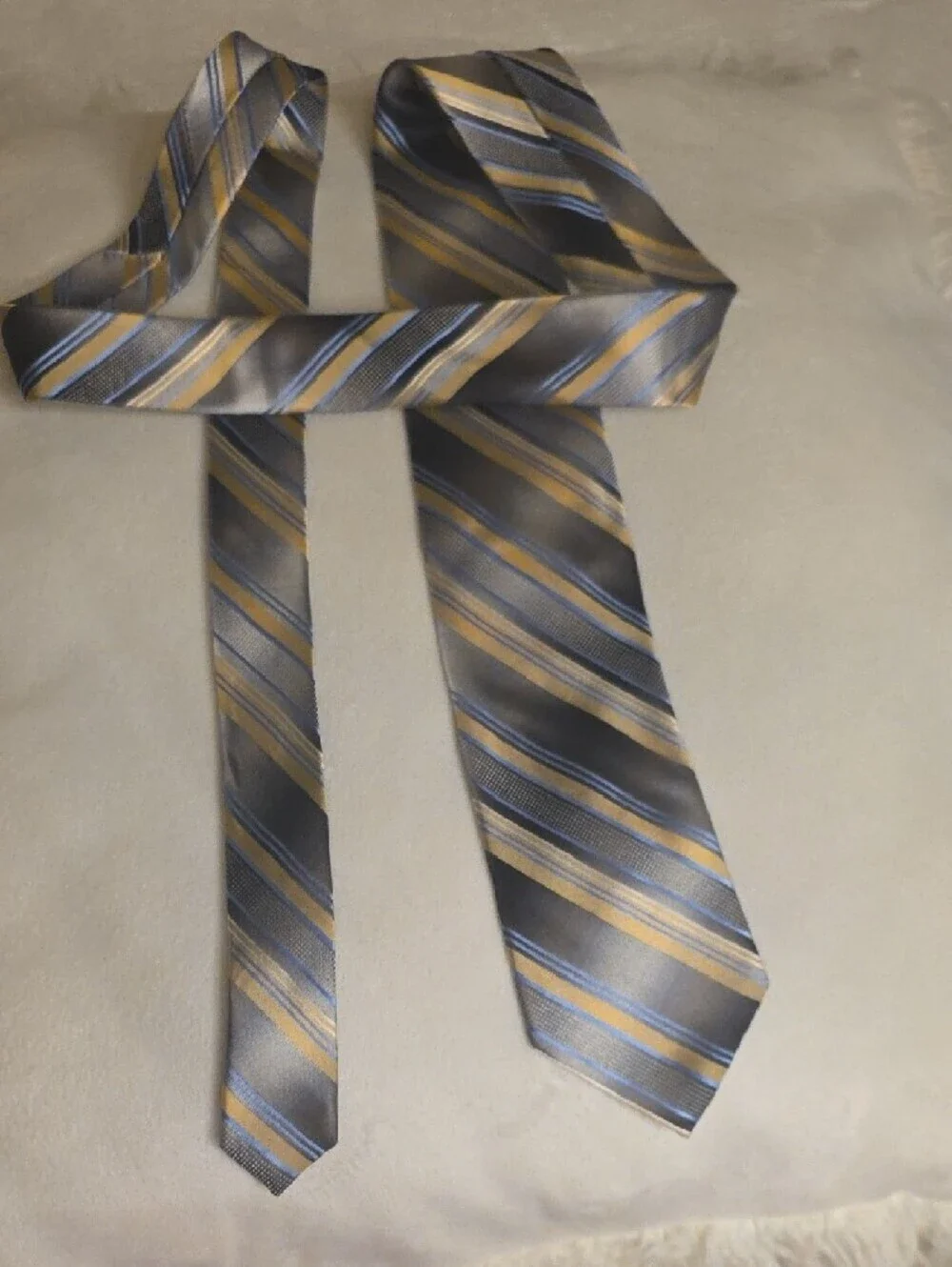 Pronto Uomo Silk Hand Made Gray Tie with Gold and Blue Stripes X Large 65 Inches